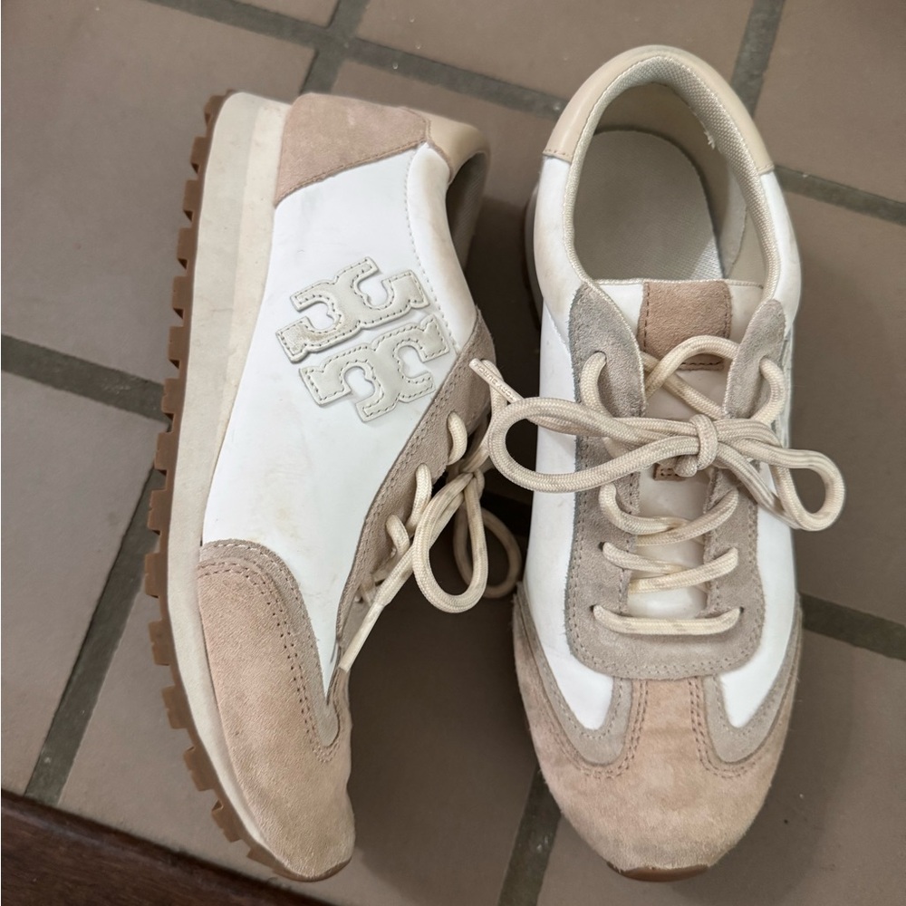 Tory Burch Tan and White Retro Sneakers